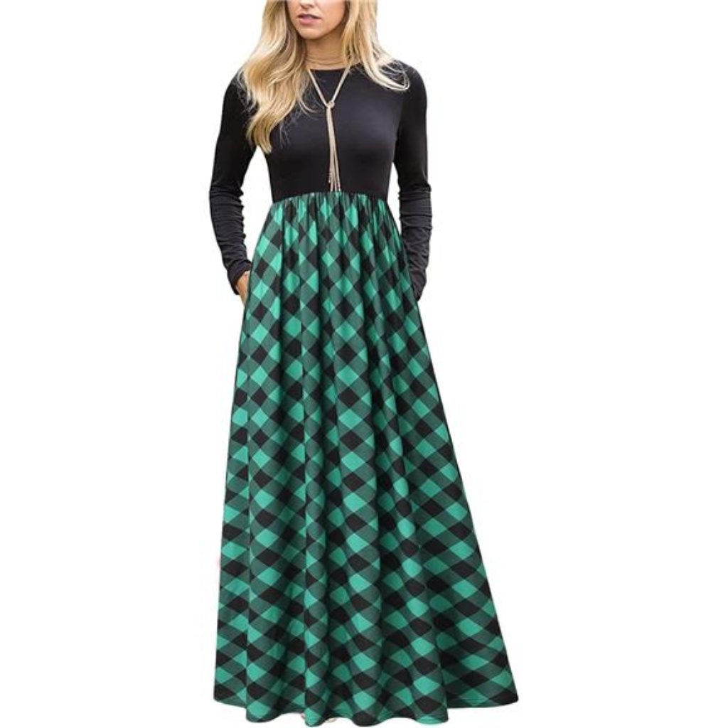Women's Long Sleeve Plaid Empire Waist Full Length Maxi Dress With Pockets